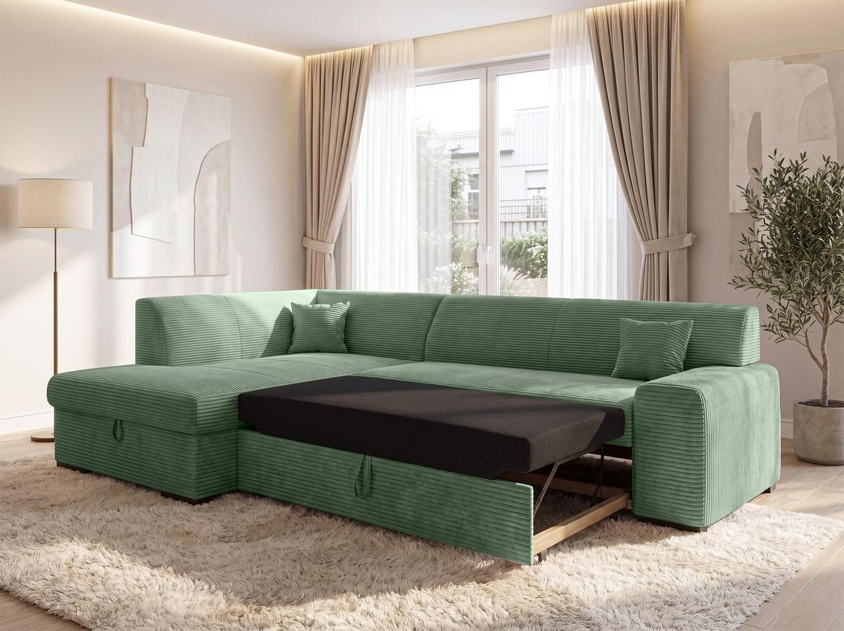 ECKSOFA L Form Minosa Salbeigrün 260/175/71 cm Links mit Schlaffunktion - Salbeigrün/Schwarz, Kunststoff/Textil (260/175cm) - AX Living