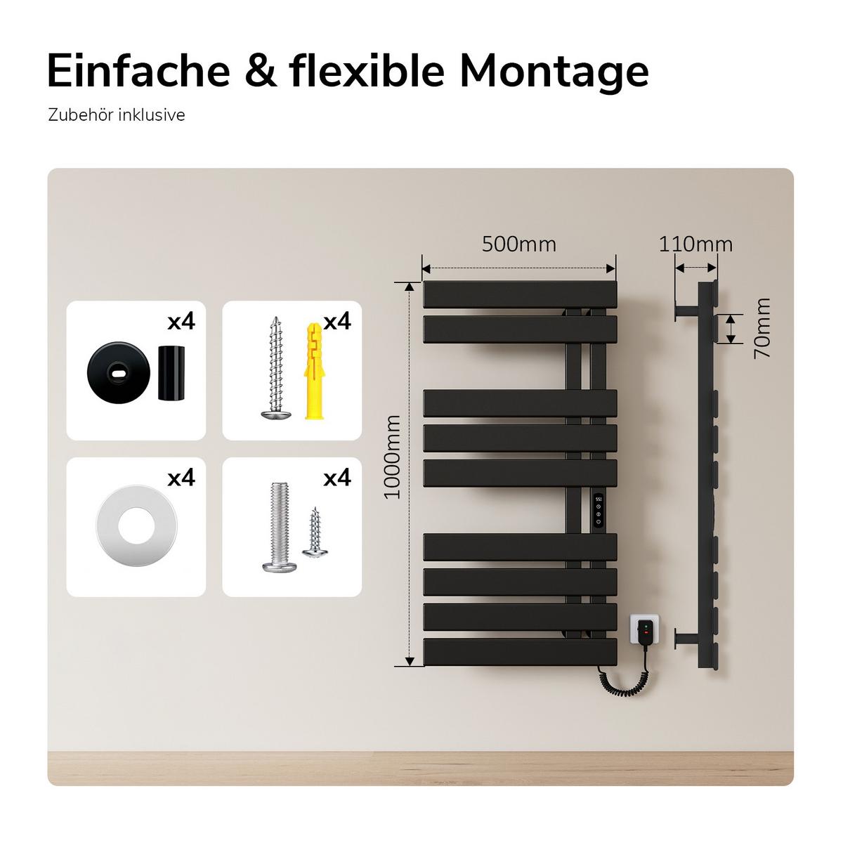 HEIZKÖRPER Elektrisch WLAN Thermostat Schwarz Rechtsanschluss 100/50 cm - Schwarz, Metall (50/100/11cm) - EMKE