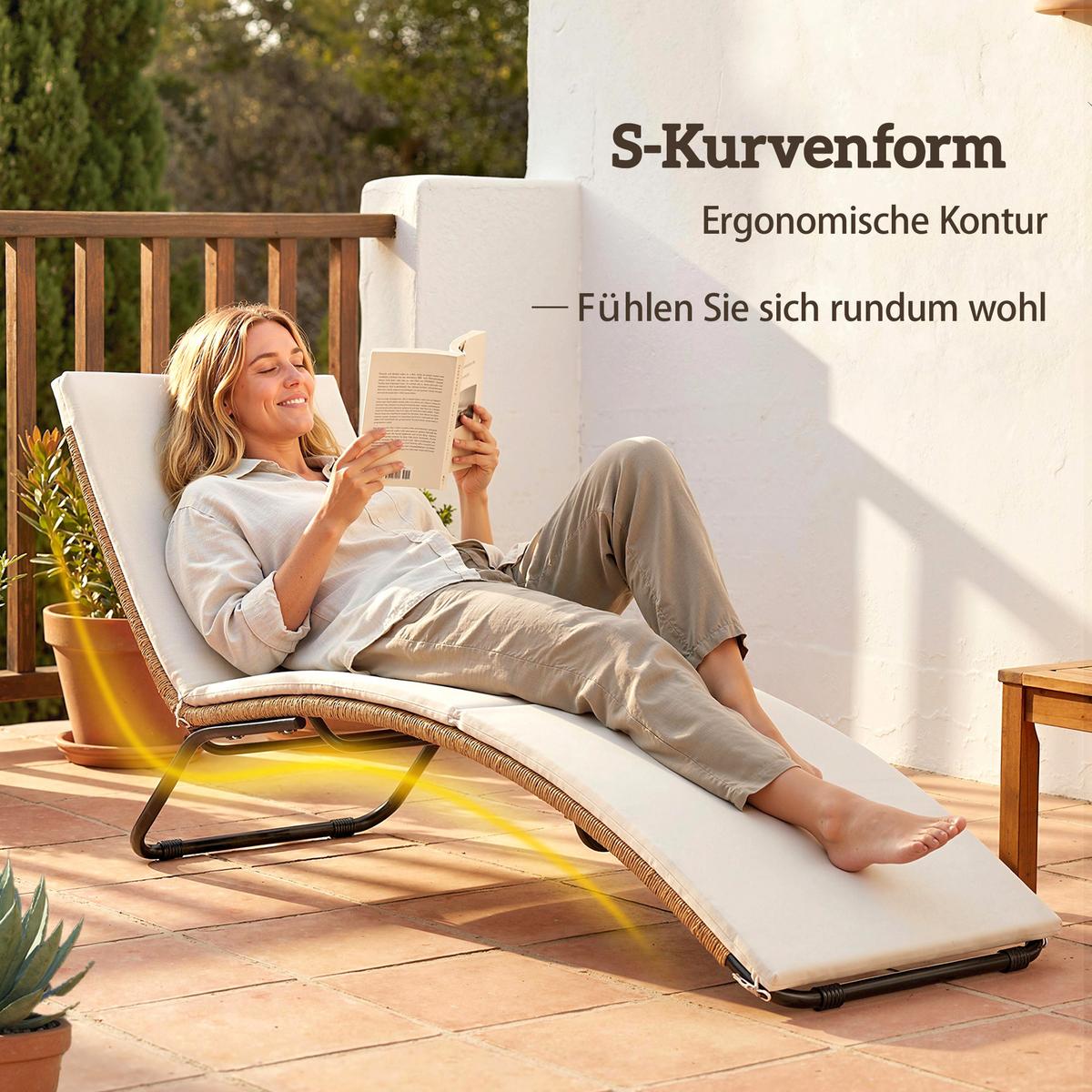 RATTAN-SONNENLIEGE Stahl PE-Rattan Cremeweiß - Creme/Weiß, Textil/Metall (57/80/175cm) - Outsunny