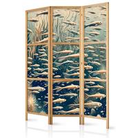 PARAVENT Japanischer 3-tlg 135x172 cm Retro Fische und Pflanzen - Beige, Holz/Textil (135/172/3cm) - Muralo