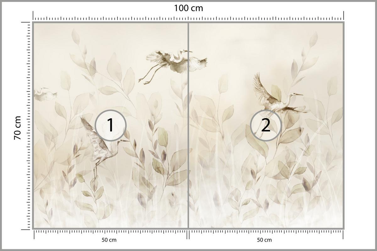 FOTOTAPETE Vögel Blätter Wiese Retro Stil 100x70 - Beige, Papier (100/70cm) - Muralo