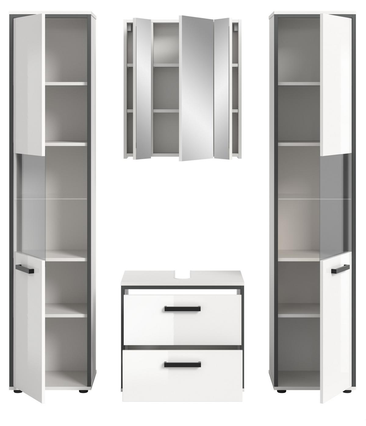 BADMÖBEL-SET 4-teilig Set weiß Hochglanz, grau, Badezimmermöbel mit viel Stauraum - Weiß Hochglanz/Schwarz, Glas/Holzwerkstoff (170/188/37.5cm) - Inn.Furn