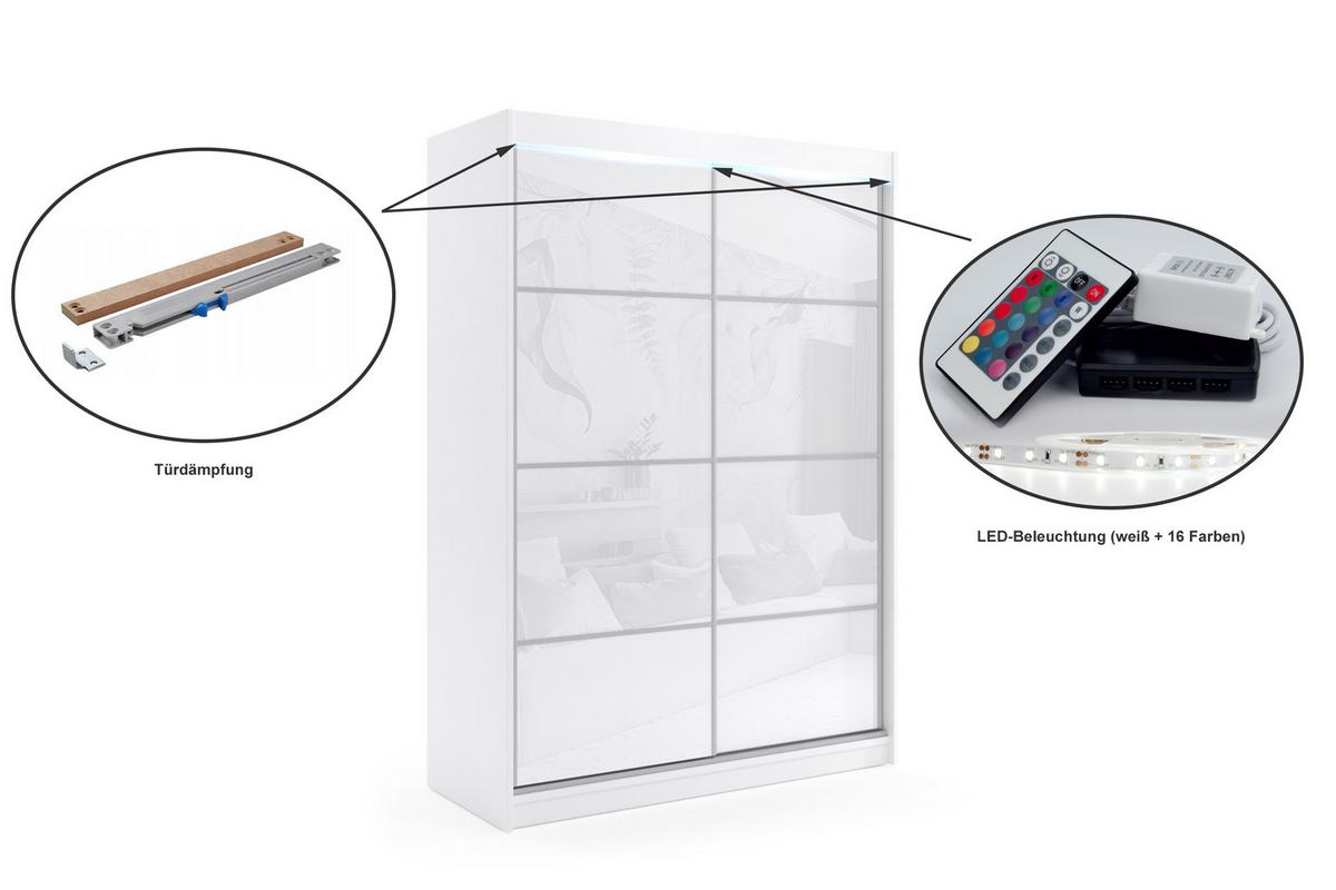 KLEIDERSCHRANK mit Lacobel-Schiebetüren und Aluminium-Leisten, LED-Beleuchtung - VIVI - 160 cm Schwarz - Schwarz, Holzwerkstoff (200/216/61cm) - ALTDECOR