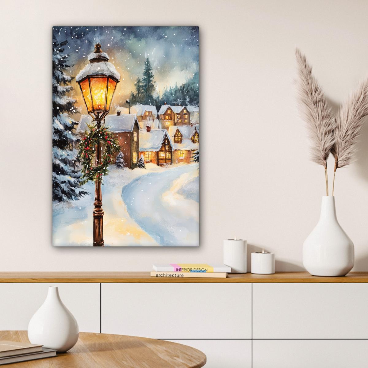 LEINWANDBILD Weihnachtsdorf - Häuser - Schnee - Weihnachten Wanddeko Schlafzimmer 60x90 cm - Sandfarben, Textil (60/90cm) - MuchoWow