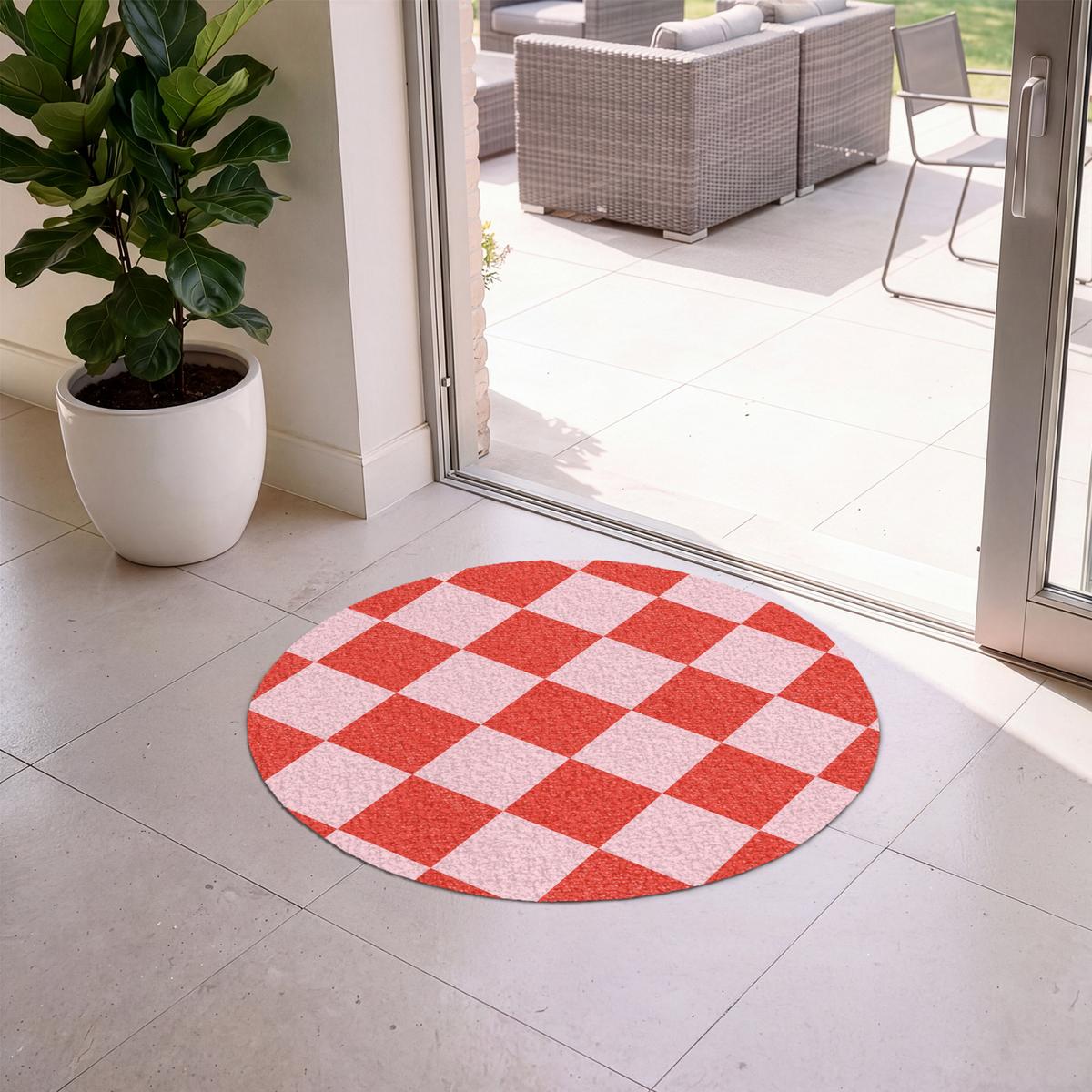 FUSSMATTE Schachbrettmuster - Rot - Rosa - Würfel Türmatte 90x90 cm - Rot, Kunststoff (90/0.4cm) - MuchoWow