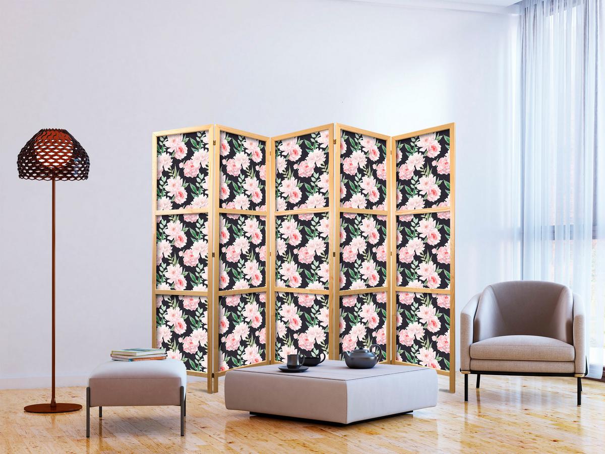 PARAVENT Japanischer 5-tlg 225x172 cm Pfingstrosen Natur - Rosa, Holz/Textil (225/172/3cm) - Muralo