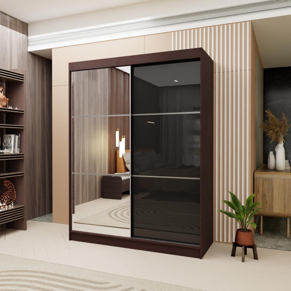 SCHWEBETÜRENSCHRANK VITALE 150/216/61 cm 2-türig mit Spiegel Wengefarben - Wengefarben/Schwarz, Holzwerkstoff (150/216/61cm) - MASSENO