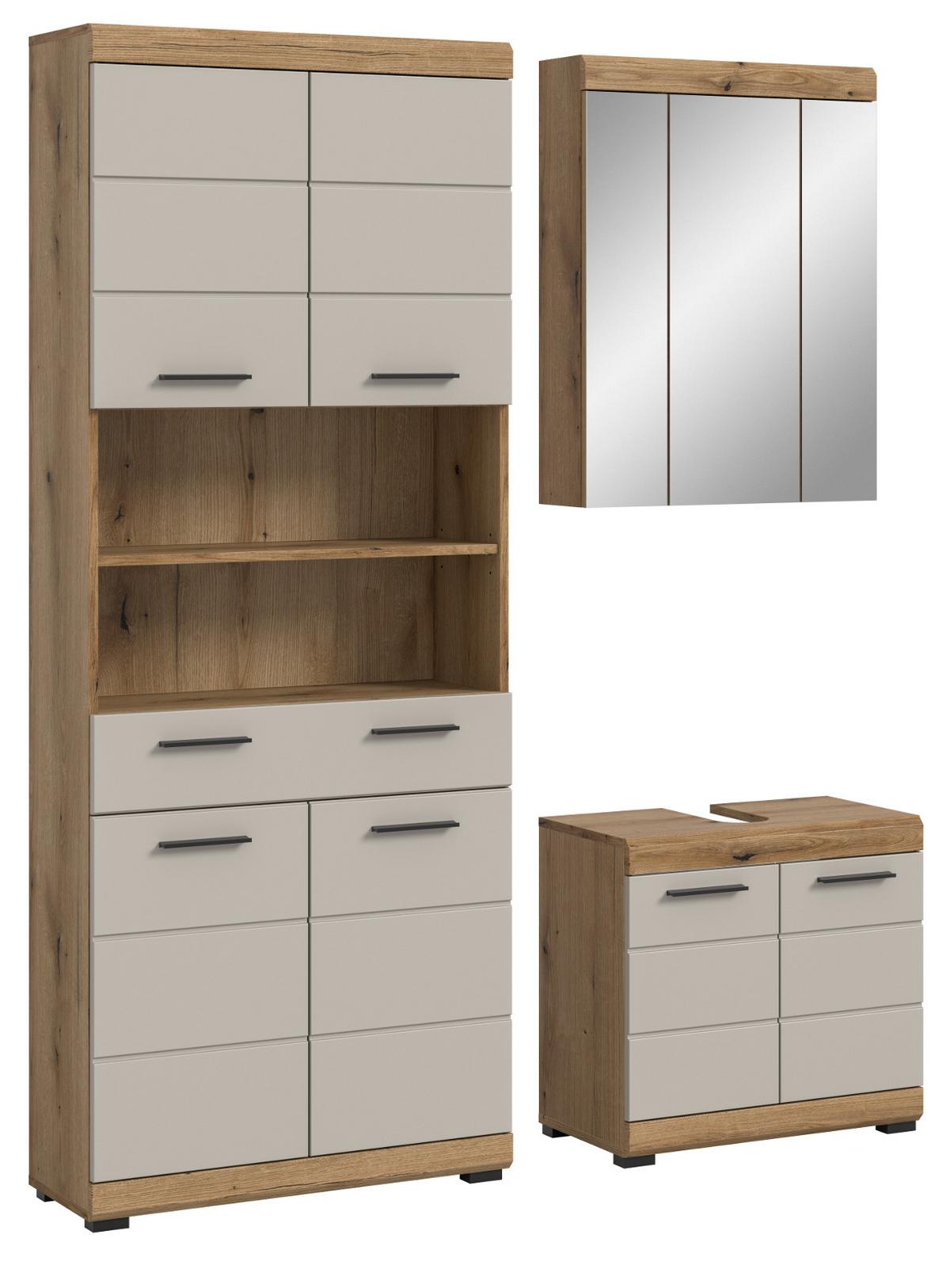 BADMÖBEL-SET Sand Kaschmir, Evoke Eiche, Badkombination 3-teilig 149 cm, viel Stauraum - Kaschmir/Eichefarben, Glas/Holzwerkstoff (149/191/34cm) - Inn.Furn