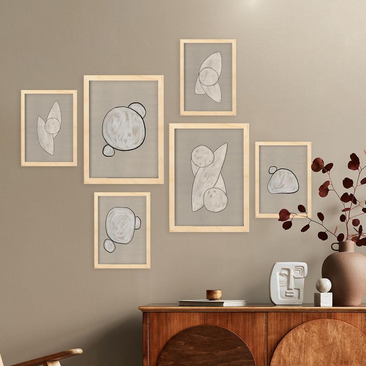 POSTER Set Mit 6 Kosmische Kontur In Form Abstracts Ästhetische Dekorative Gemälde Für Ihr Wohnzimmer Zuhause A3 & A4 Rahmen Aus Hellem Holz - Beige, Papier (29/3cm) - Nacnic