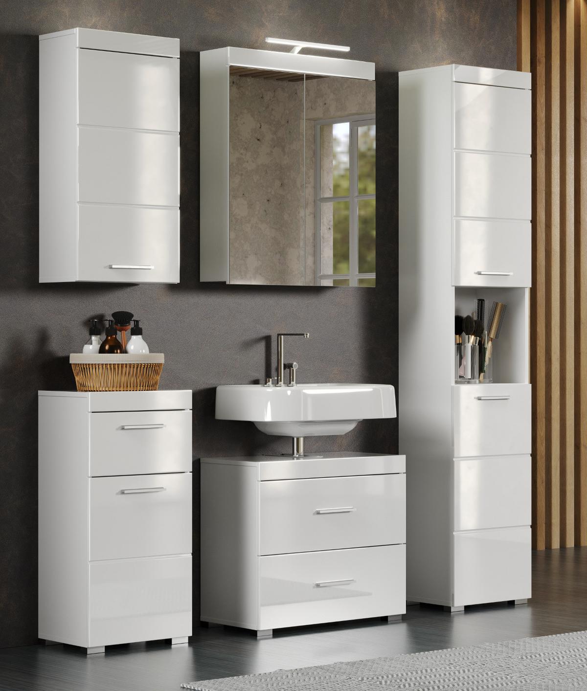WASCHBECKENUNTERSCHRANK weiß Hochglanz 60 cm, Badschrank mit Schubladen - Weiß Hochglanz/Alufarben, Holzwerkstoff/Kunststoff (60/56/34cm) - Top.Furn