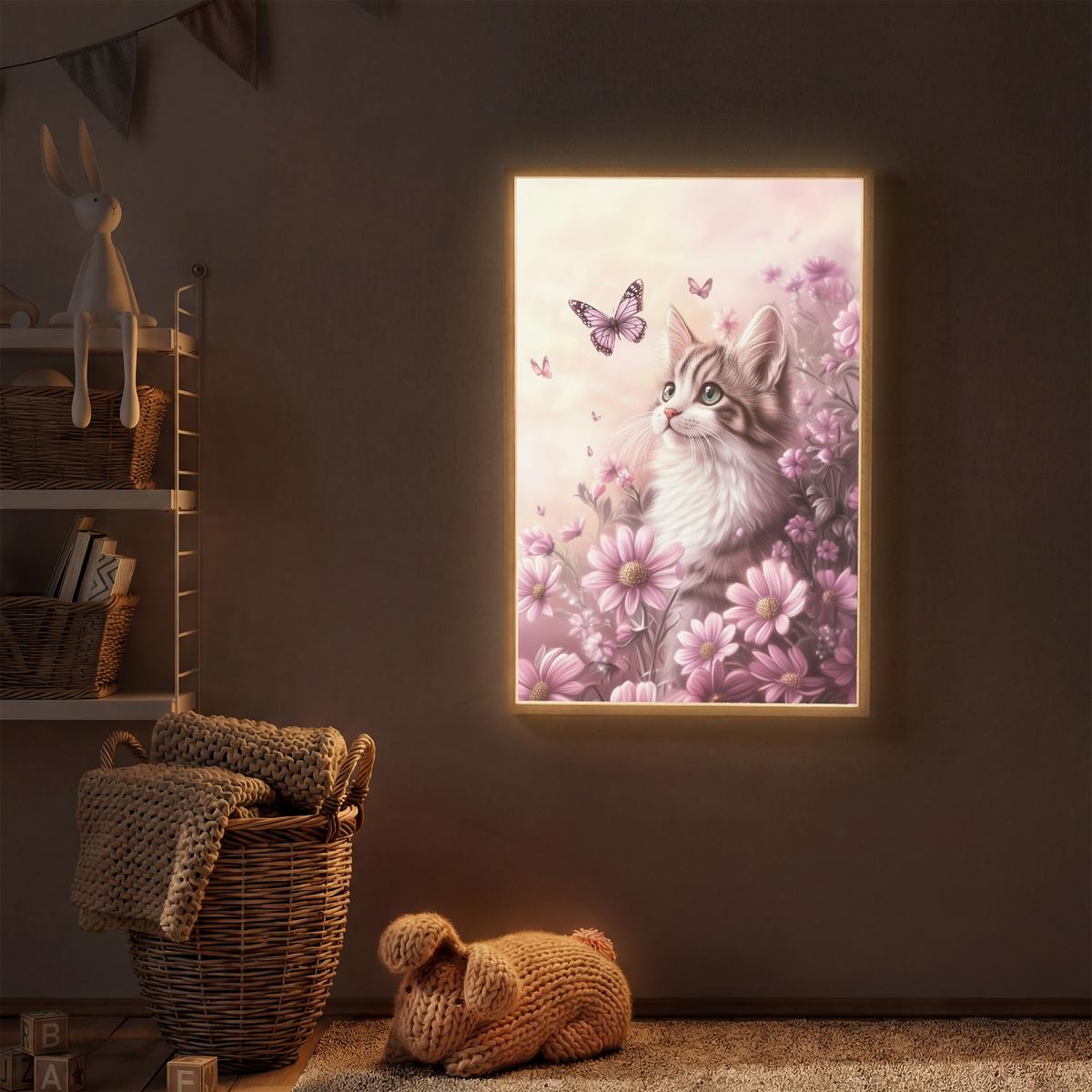 WANDLEUCHTE MIT AKKU Kätzchen - Blumen - Schmetterlinge - Lila 70x100 cm - Altrosa, Holzwerkstoff (70/100/8cm) - OnlyWow