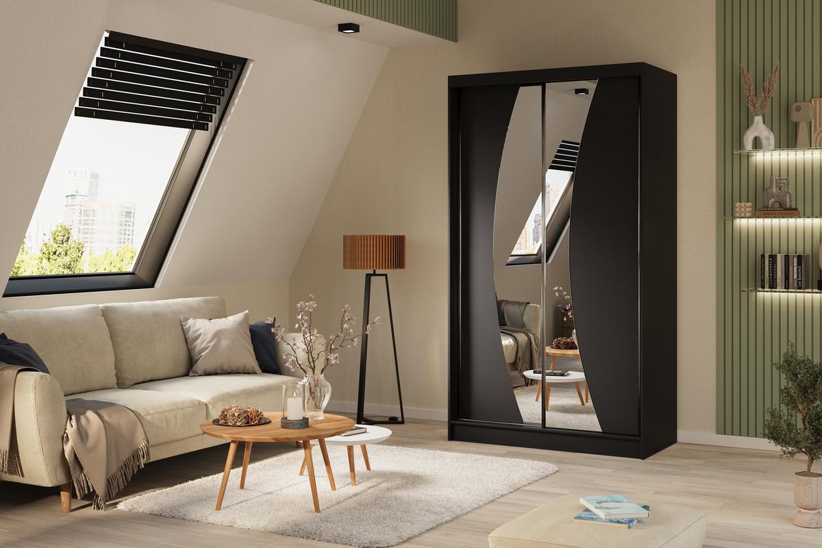 KLEIDERSCHRANK mit Spiegel-Schiebetüren und Aluminium-Leisten - VOXI - 120 cm Schwarz - Schwarz, Holzwerkstoff (120/216/61cm) - ALTDECOR