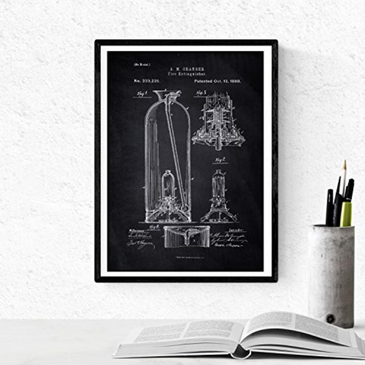 POSTER Set mit 4 Schwarz Feuerwehr Patent A4 Schwarzer Rahmen - Schwarz, Papier (29.7/3cm) - Nacnic
