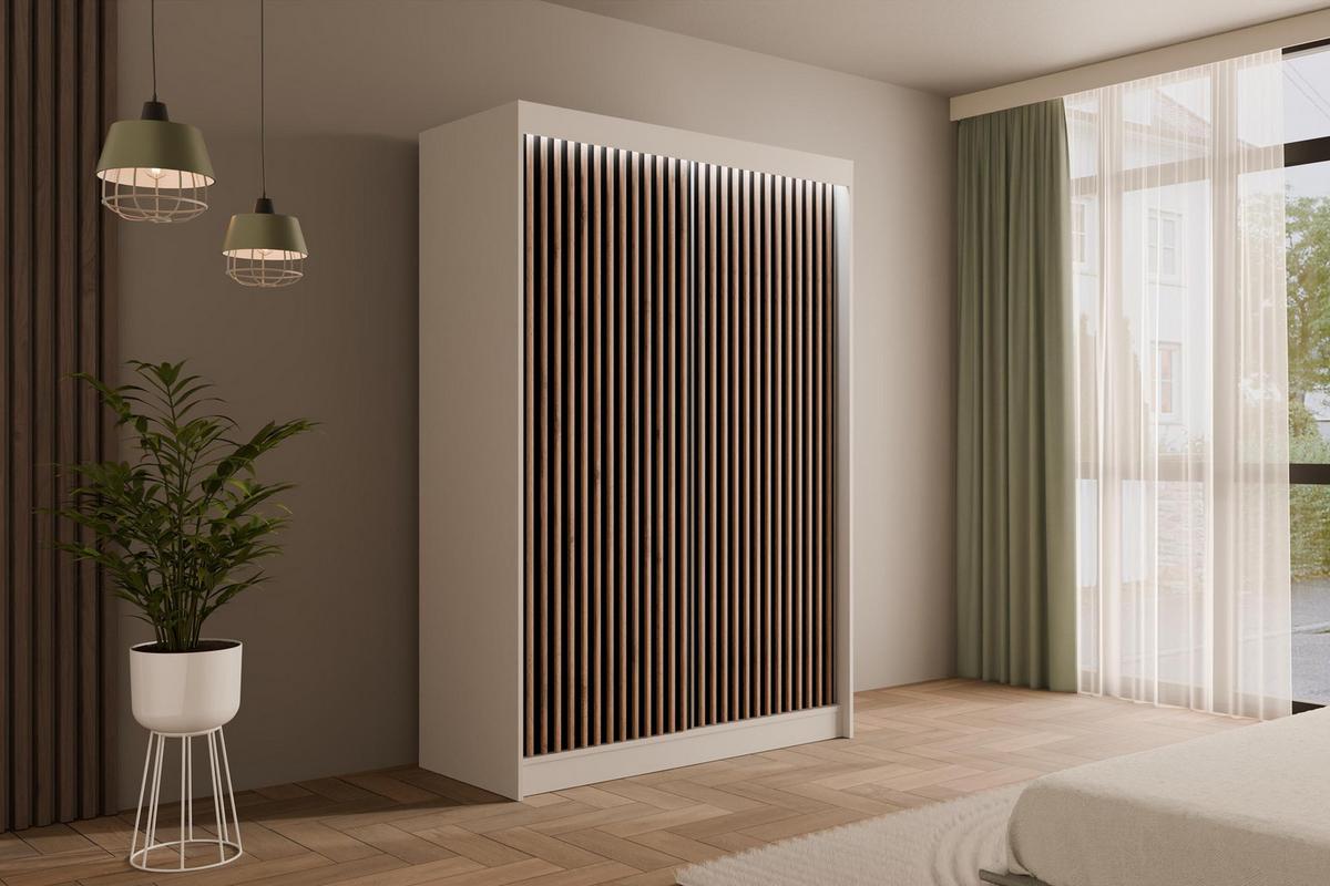 KLEIDERSCHRANK mit LED, Lamel-Schiebetüren VILANv2 - 120 cm Weiß + Lamelle Eiche Wotan - Eiche Wotan/Weiß, Holzwerkstoff (120/215/61cm) - ALTDECOR