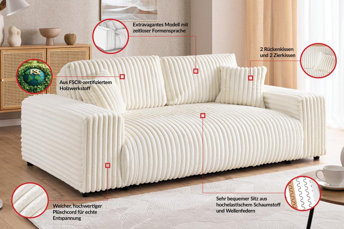 SITZGARNITUR 2+1 Mollis Hellbeige Plüschcord - Beige/Schwarz, Holz/Kunststoff (178/79/108cm) - S-Style Möbel