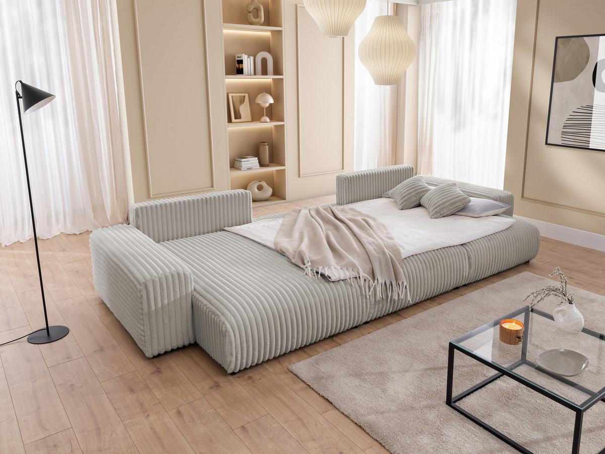 WOHNLANDSCHAFT Mollis Hellgrau Plüschcord mit Schlaffunktion - Hellgrau/Schwarz, Holz/Kunststoff (350/77/168cm) - S-Style Möbel