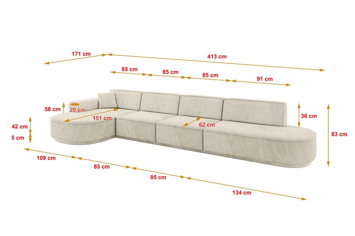 ECKSOFA Ottomane Links MARI-L3-v3 - 413x171x83 cm Ecru Velours - Ecru/Schwarz, Holzwerkstoff/Kunststoff (413/171cm) - ALTDECOR