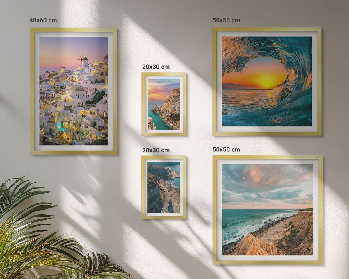 BILDER SET 5er Set - 50x50 cm & 20x30 cm & 40x60 cm Goldrahmen - Meereswellen, weiße Häuser, Santorini - Goldfarben, Kunststoff (40/60cm) - TULUP