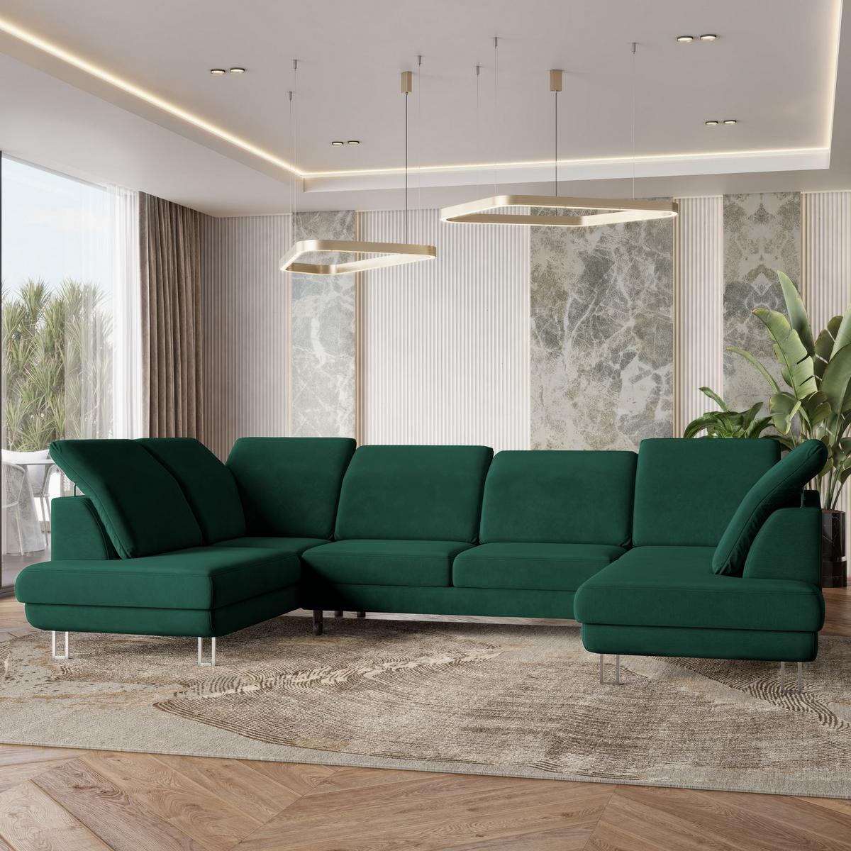 WOHNLANDSCHAFT TERAMO Grün Velours-Stoff mit Schlaffunktion - Silberfarben/Grün, Holz/Textil (316/88/193cm) - MASSENO