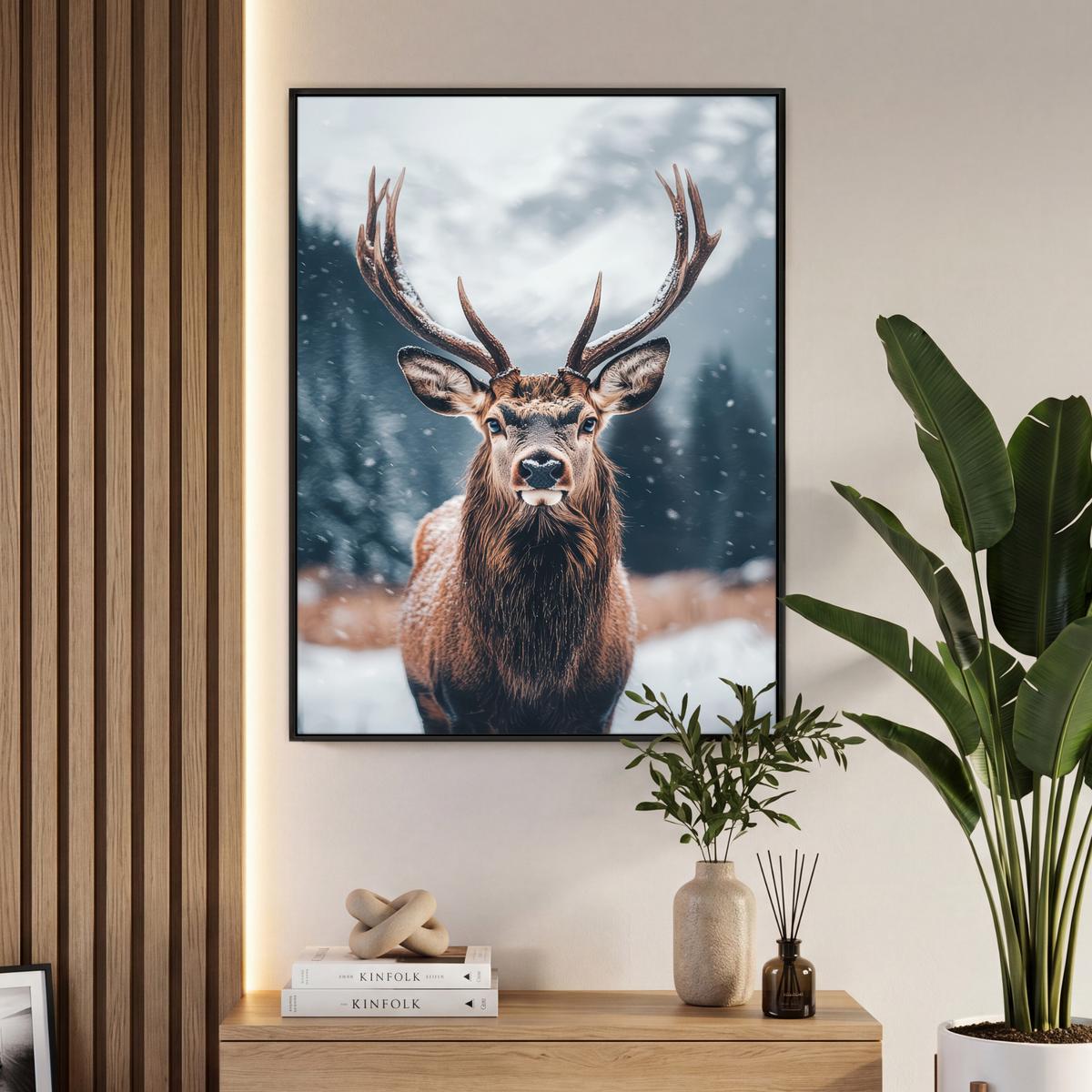 LEINWAND Bilder mit Rahmen - Hirsche - Tiere - Landschaft - Winter - Schnee - 70x100 - Kastanienfarben, Textil (70/100cm) - MuchoWow