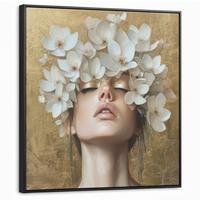 LEINWAND Bilder mit Rahmen - Gesicht - Blumen - Gold - Abstrakt - 90x90 - Goldfarben, Textil (90/90cm) - MuchoWow