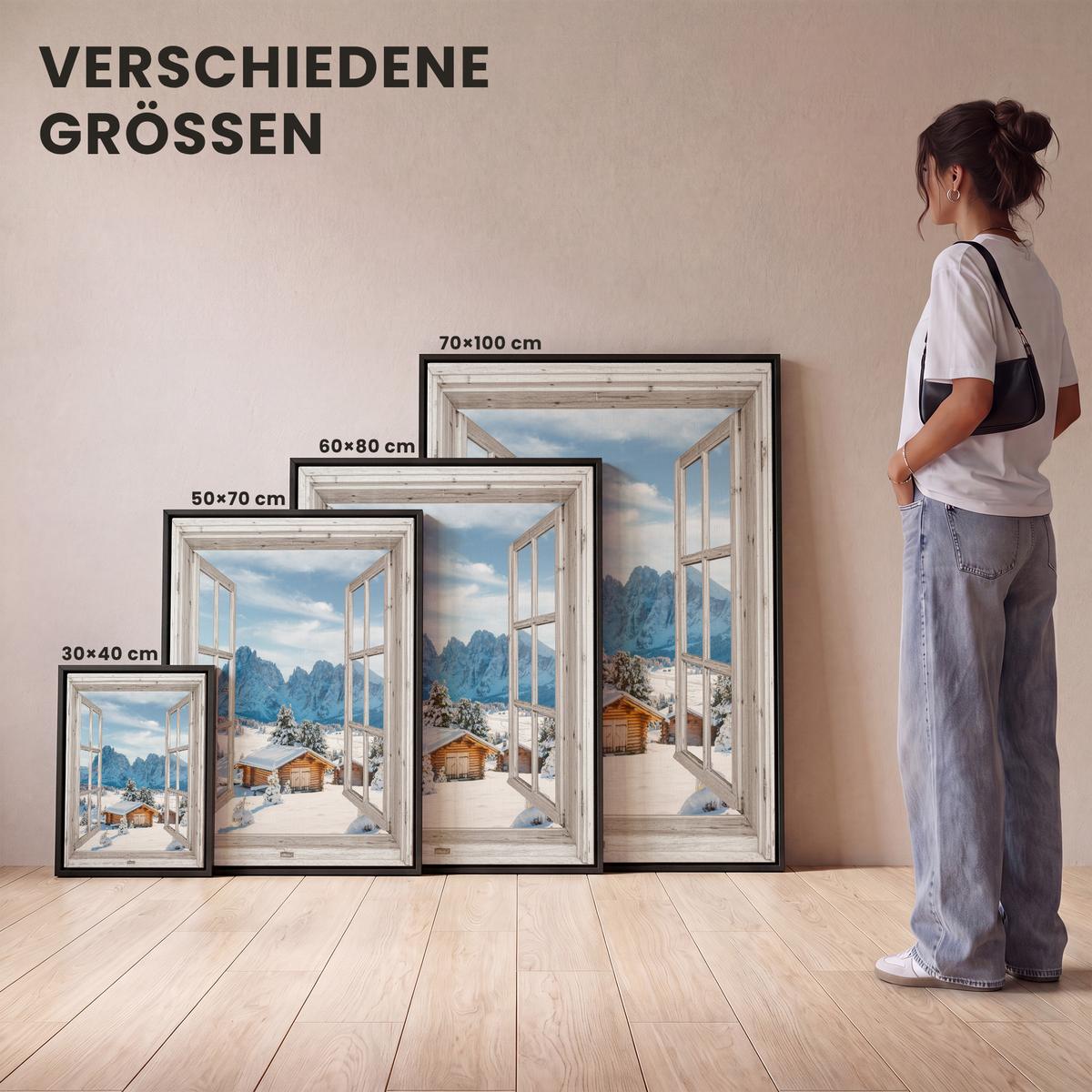 LEINWAND Bilder mit Rahmen - Winterlandschaft - Hütte - Berge - Ausblicke - Aussicht - Natur - 60x80 - Weiß Hochglanz, Textil (60/80cm) - MuchoWow