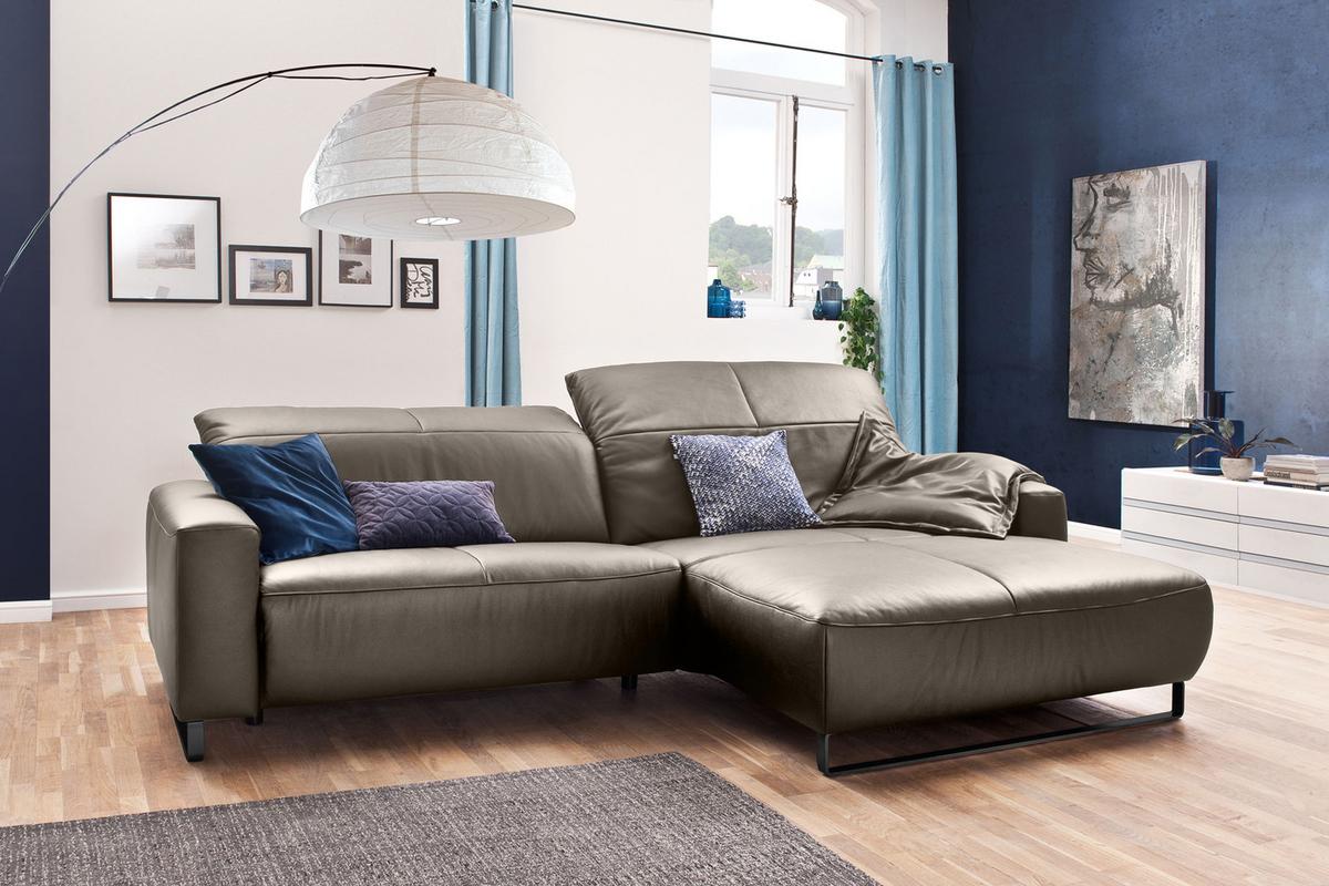 ECKSOFA MIT SITZTIEFENVERSTELLUNG YORK Lavagrau Leder Relaxfunktion - Greige/Schwarz, Leder (284/180cm) - KAWOLA