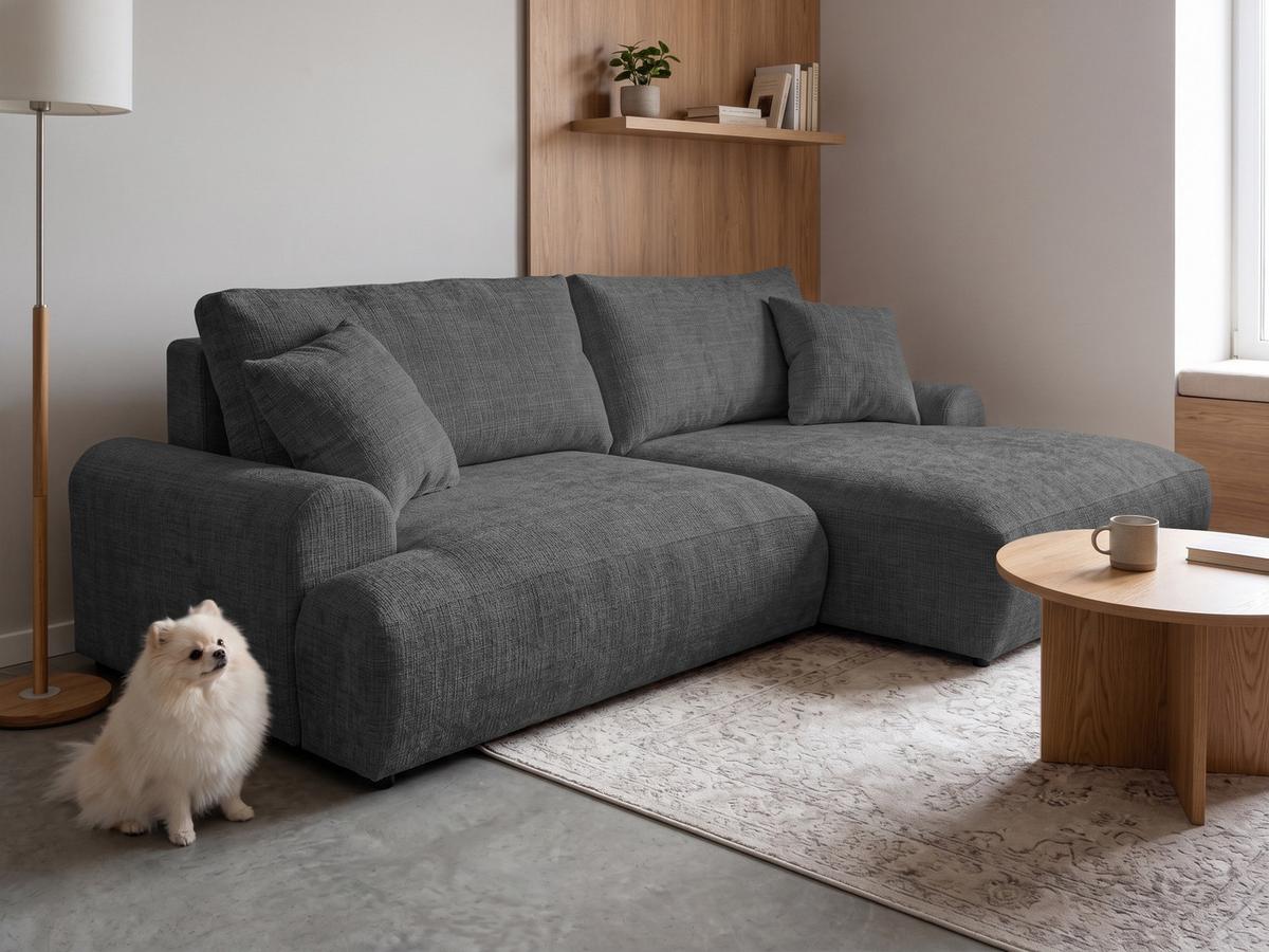 ECKSOFA Melvano mit Schlaffunktion und Bettkasten im Japandi-Stil aus weichem Grau Chenille-Stoff - Schwarz/Grau, Holz/Kunststoff (240/145cm) - S-Style