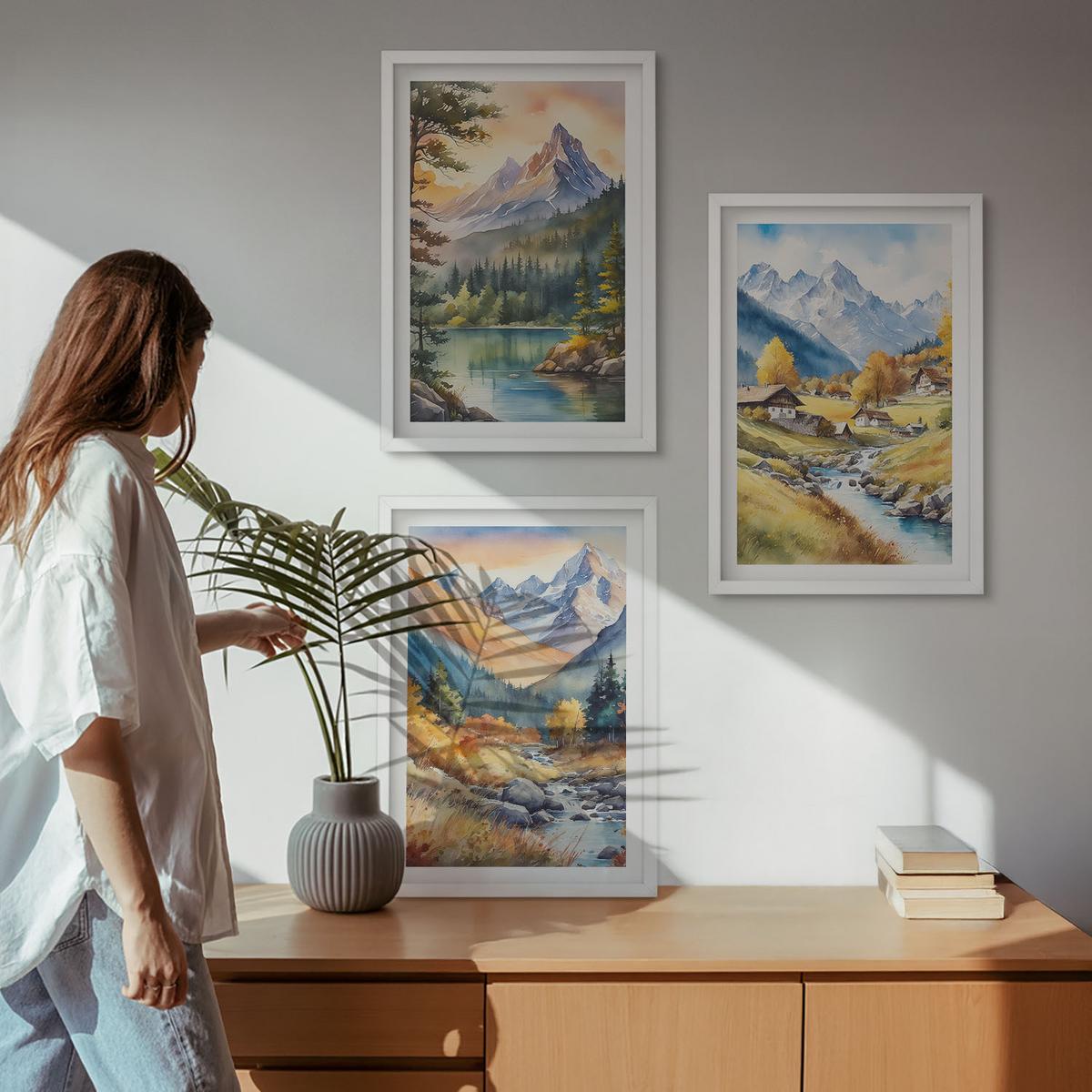 BILDER SET 3er Set - 40x60 cm Weißer Rahmen - Berglandschaft mit einem Fluss - Weiß, Kunststoff (40/60cm) - TULUP