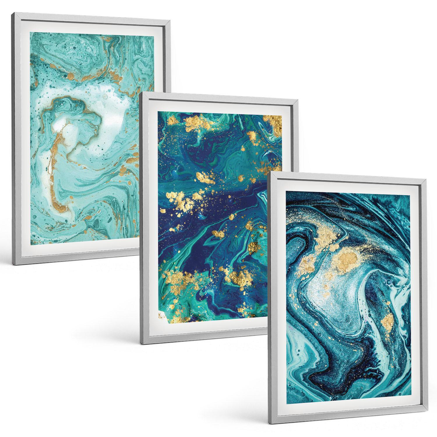 BILDER SET 3er Set - 40x60 cm Silberner Rahmen - Abstraktion von Türkisfarbe - Silberfarben, Kunststoff (40/60cm) - TULUP
