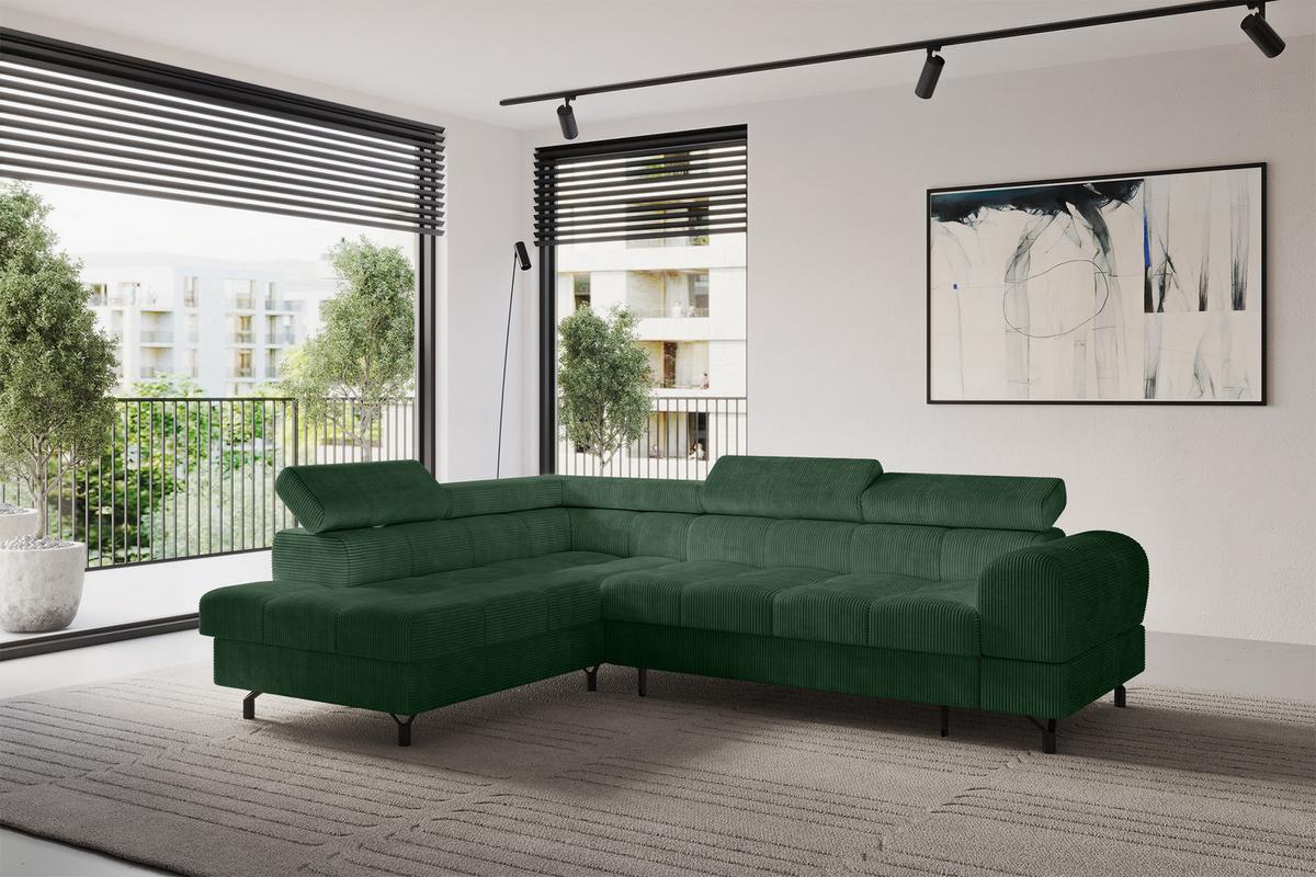 ECKSOFA mit Schlaffunktion Ottomane Links LUMA-L 272x203x70 Grün Cord - Waldgrün/Schwarz, Holzwerkstoff/Kunststoff (272/203cm) - ALTDECOR