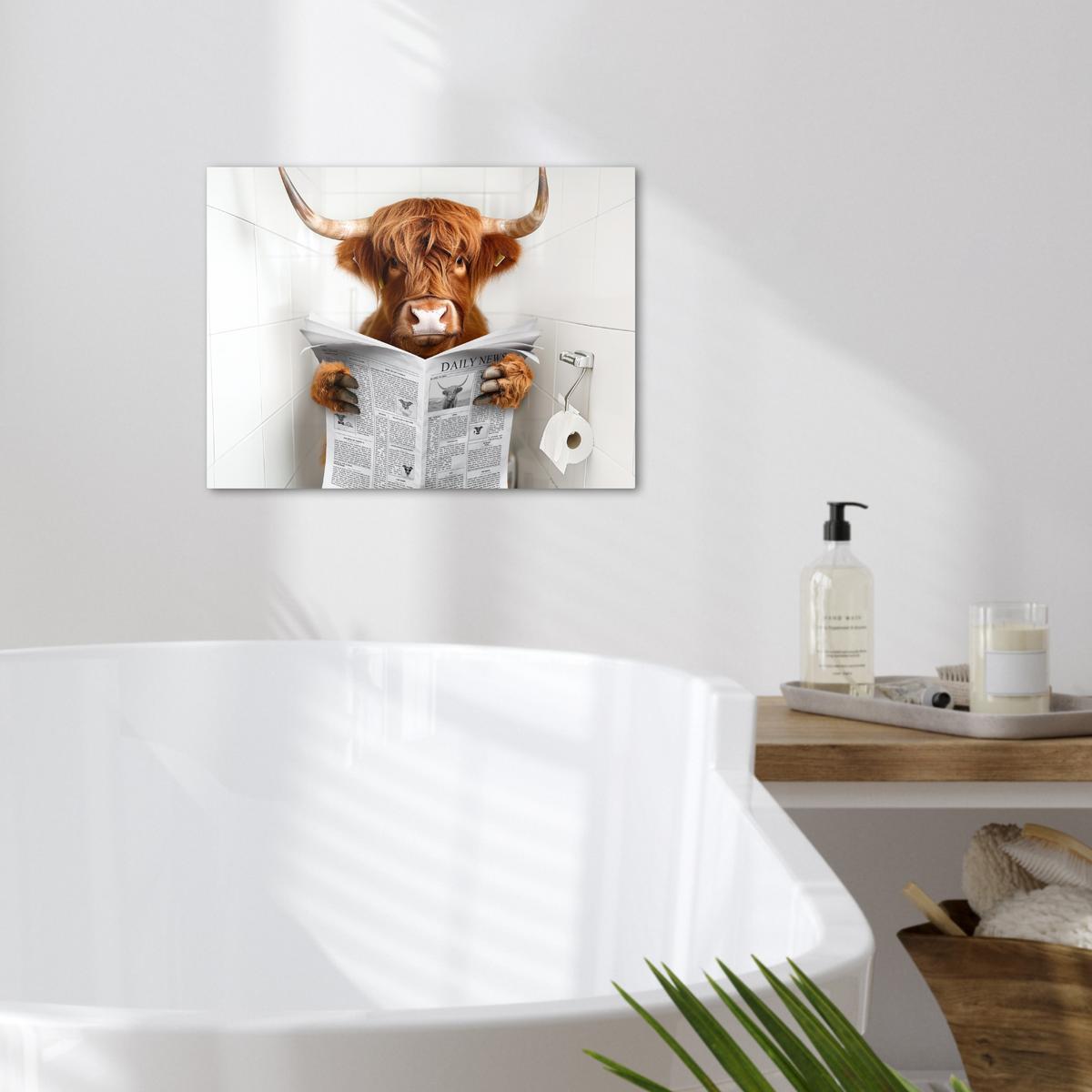 LEINWANDBILD Schottischer Highlander - Tier - Zeitung - Toilette Wandbild 40x30 cm - Kastanienfarben, Textil (40/30cm) - MuchoWow