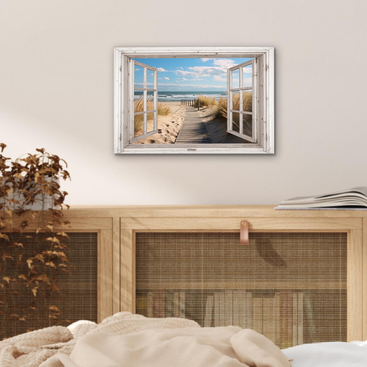 METALLBILD Fenster - Meer - Küste - Natur - Ausblick - Strand - Wattenmeer 30x20 cm - Beige, Metall (30/20cm) - MuchoWow
