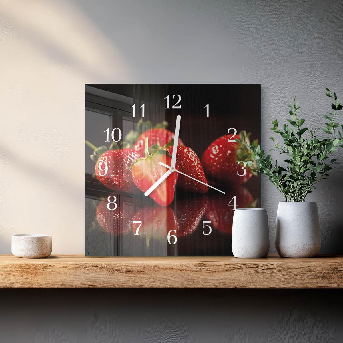 WANDUHR aus Glas 30x30 cm - Erdbeeren - Rot, Glas (30/30/0.4cm) - TULUP