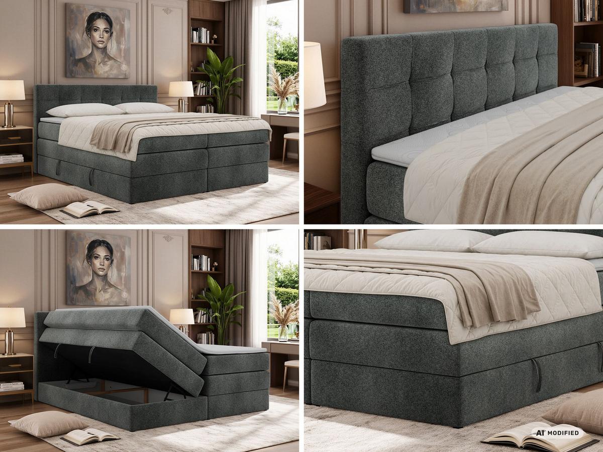 BOXSPRINGBETT SOLVEN KING 200/200 - Dunkelgrau Stukture - Topper Visco - H3 - Dunkelgrau/Schwarz, Kunststoff/Textil (200/200cm) - MKS