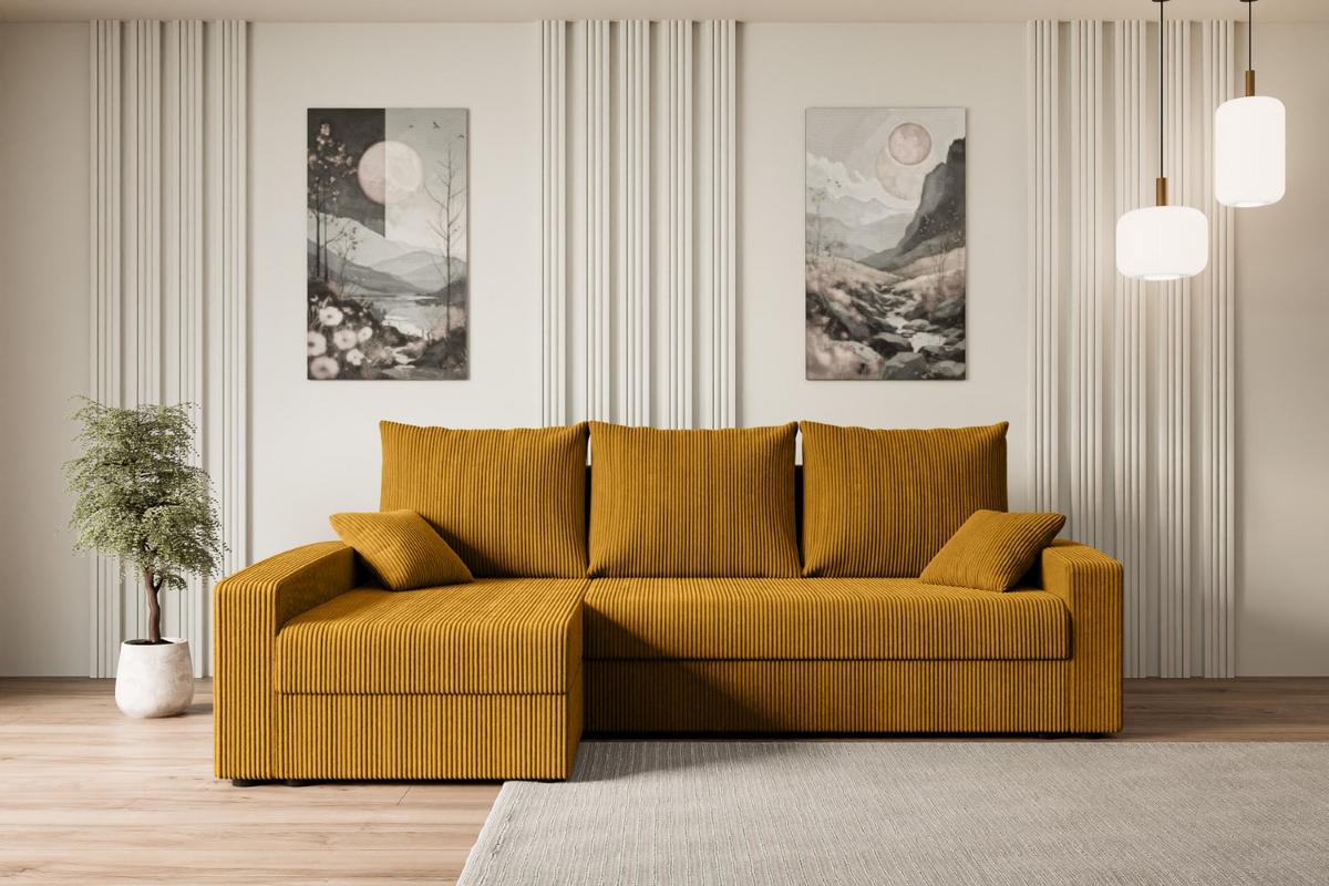 ECKSOFA mit Schlaffunktion und Bettkasten ALESIA-L 231x140x90 cm Senfgelb Cord - Gelb/Silberfarben, Holzwerkstoff/Kunststoff (231/140cm) - ALTDECOR