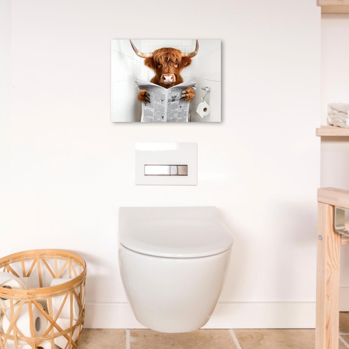LEINWANDBILD Schottischer Highlander - Tier - Zeitung - Toilette Wandbild 40x30 cm - Kastanienfarben, Textil (40/30cm) - MuchoWow