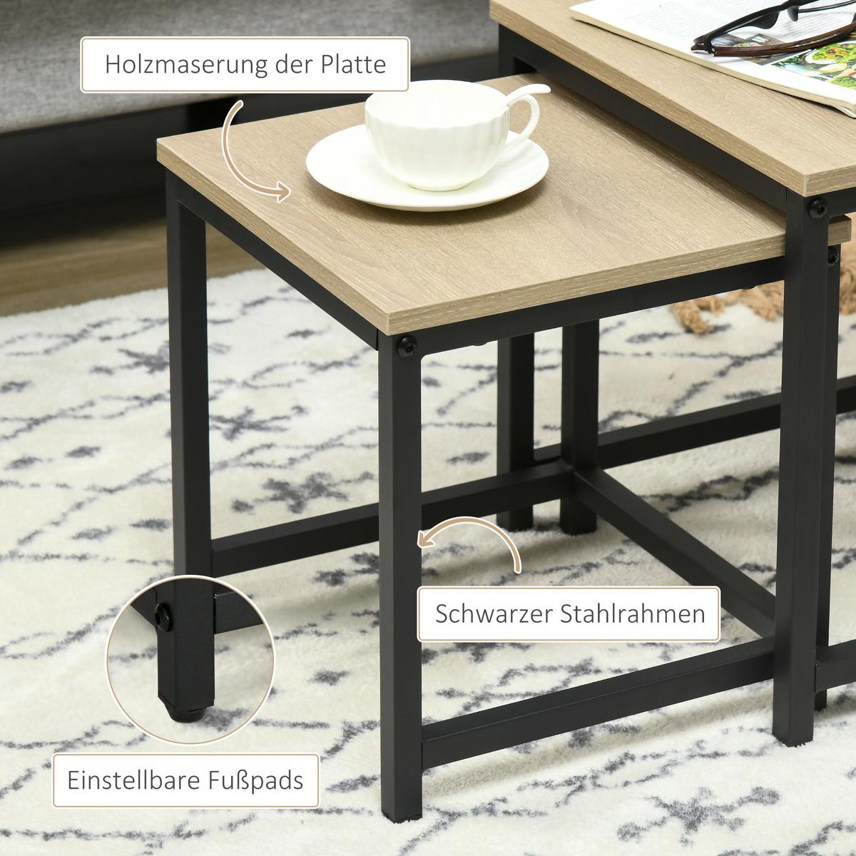COUCHTISCH 3er-Set Beistelltisch, Satztisch, Sofatisch mit Holzoptik, Stahl - Naturfarben, Holzwerkstoff (45/45/44cm) - HOMCOM