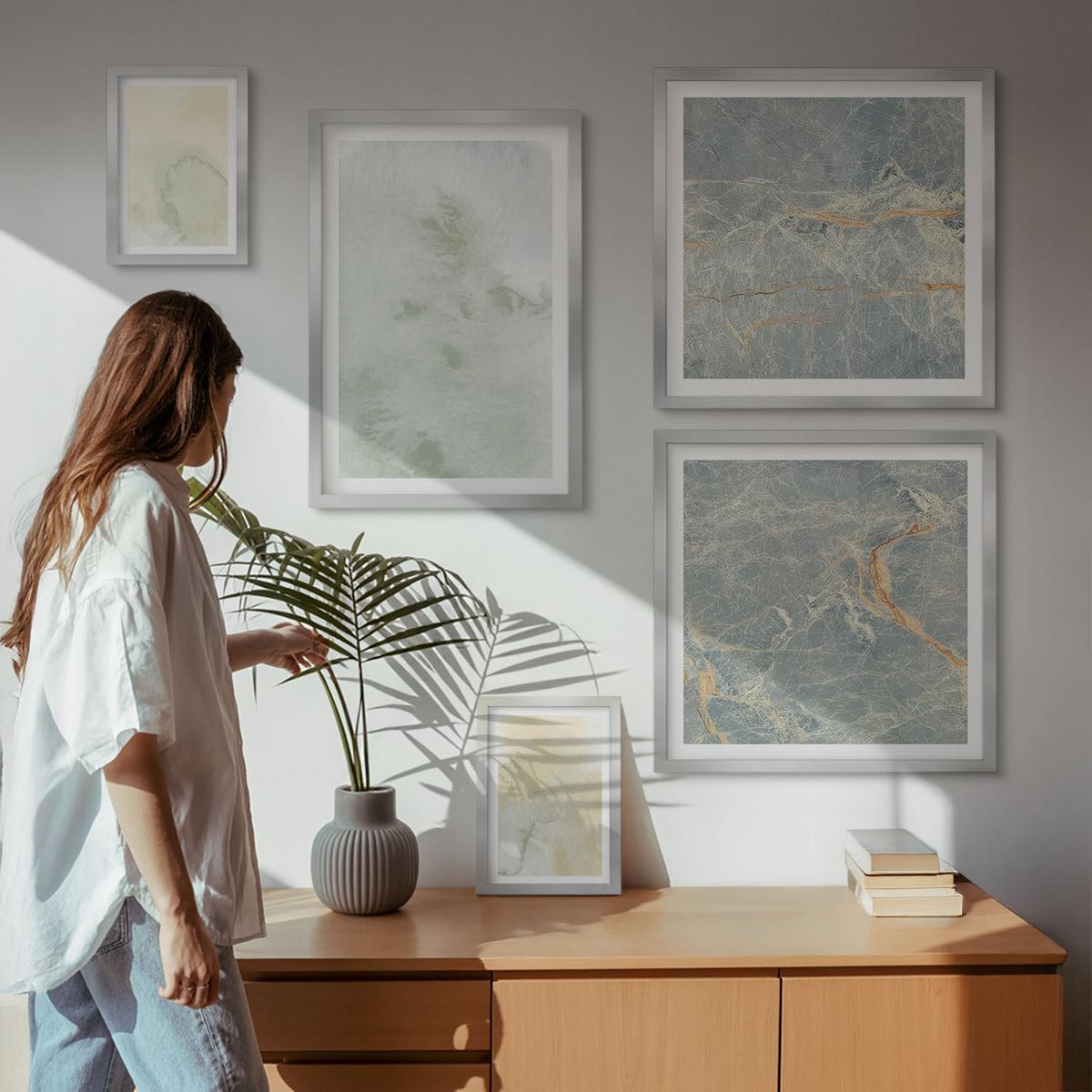 BILDER SET 5er Set - 50x50 cm & 20x30 cm & 40x60 cm Silberner Rahmen - Pastellfarben auf Aquarellleinwand - Silberfarben, Kunststoff (40/60cm) - TULUP