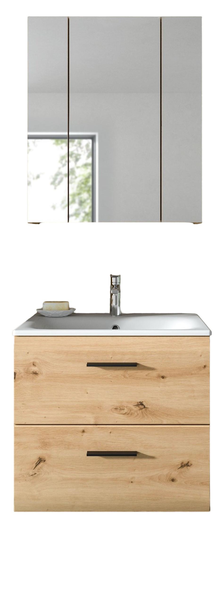 BADMÖBEL-SET 2-teilig Eiche Artisan, Badkombination 60 cm inklusive Waschbecken, Cover - Schwarz/Eiche Artisan, Glas/Keramik (60/185/46cm) - Inn.Furn
