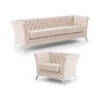 SITZGARNITUR 3+1 Chesterfield Whitby Beige Samt mit silbernen Füßen - Beige/Silberfarben, Holz/Textil (237/78/82cm) - S-Style Möbel