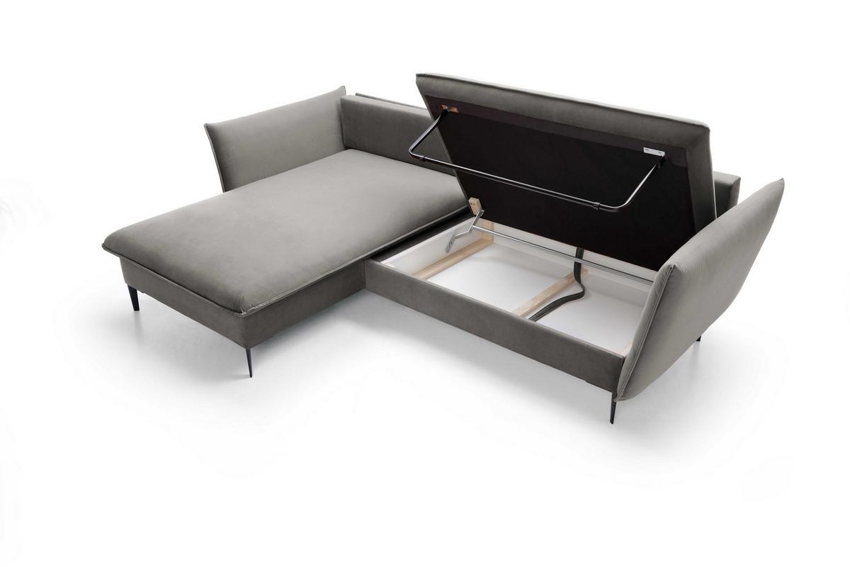 ECKSOFA SOLE Grau Plüsch-Stoff mit Schlaffunktion - Grau, Holz (258/167cm) - MASSENO