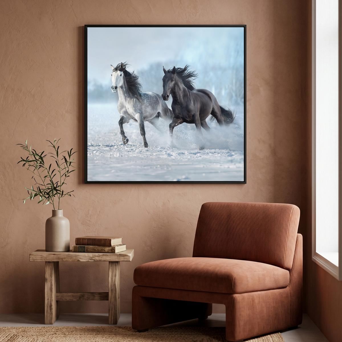 LEINWAND Bilder mit Rahmen - Pferde - Winter - Tiere - Natur - Schnee - 90x90 - Anthrazit, Textil (90/90cm) - MuchoWow
