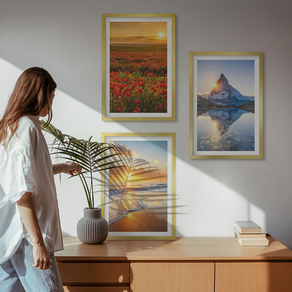 BILDER SET 3er Set - 40x60 cm Goldrahmen - Landschaften aus Bergen und Meeren im Westen - Goldfarben, Kunststoff (40/60cm) - TULUP