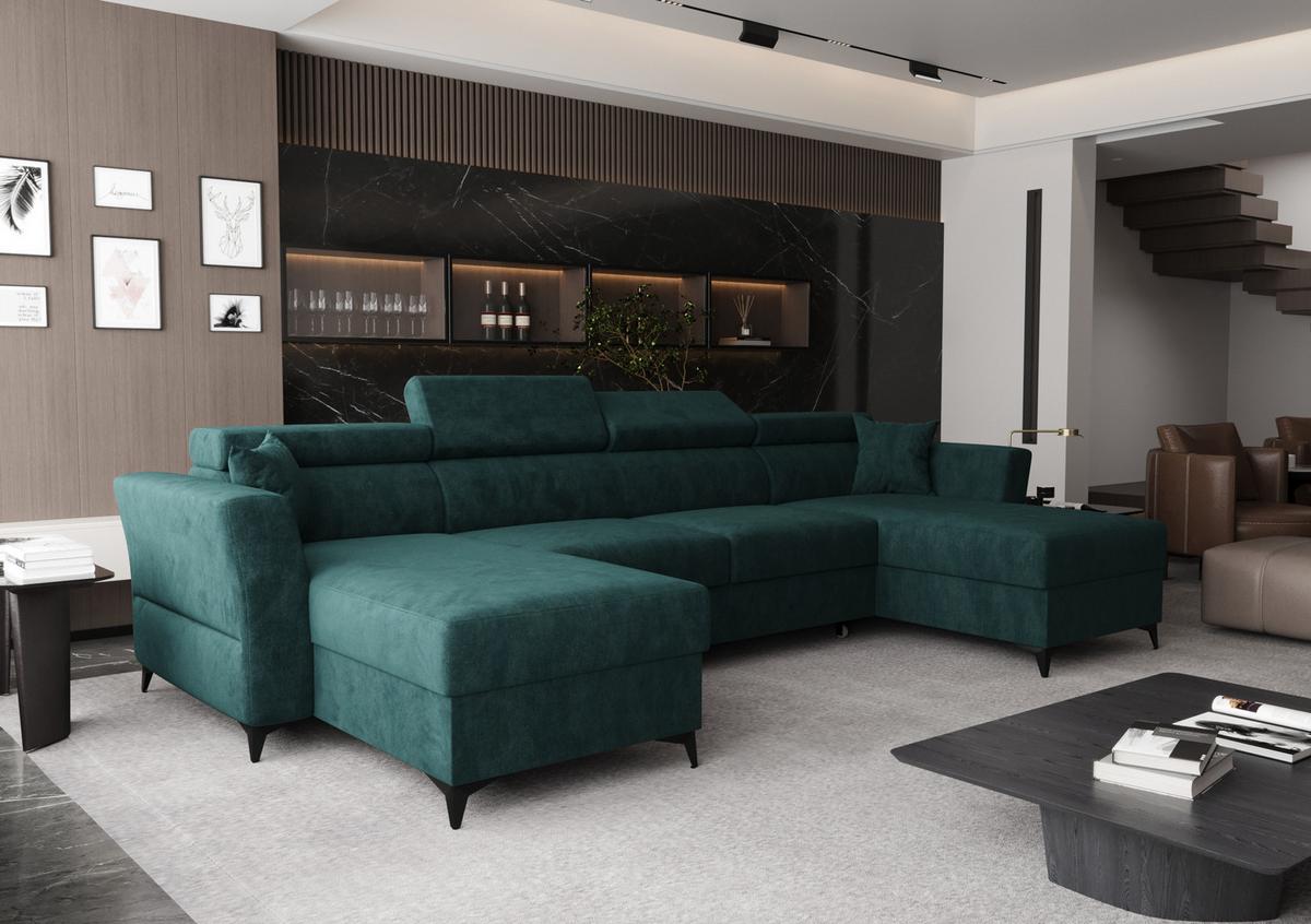WOHNLANDSCHAFT Ribella Türkis 345/180/100 cm mit Schlaffunktion - Türkis/Schwarz, Textil/Metall (345/100/180cm) - AX Living