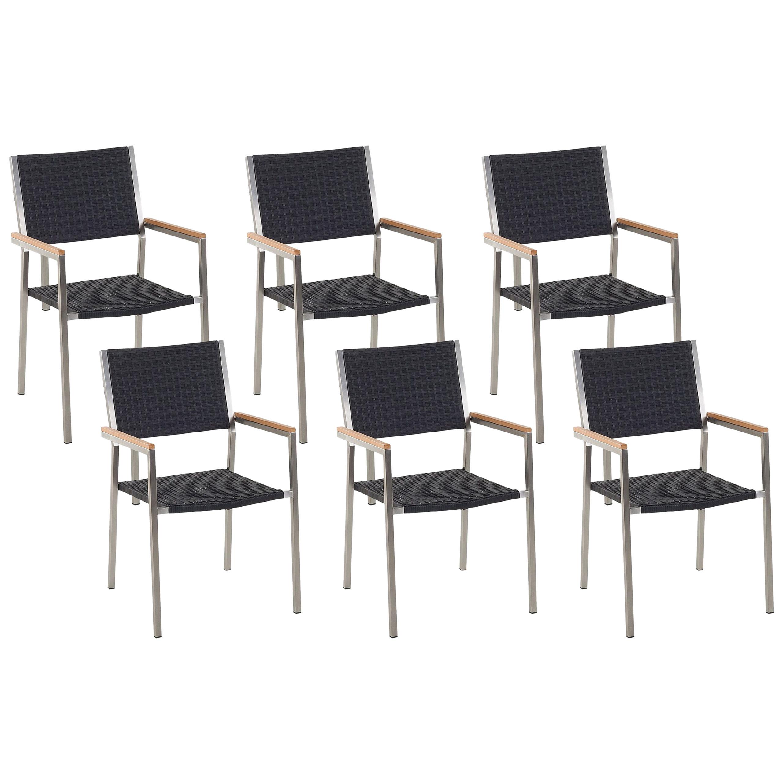 GARTENSTUHL 6er-Set Rattan Edelstahl Grosseto - Silberfarben/Schwarz, Kunststoff (55/87/58cm) - Beliani