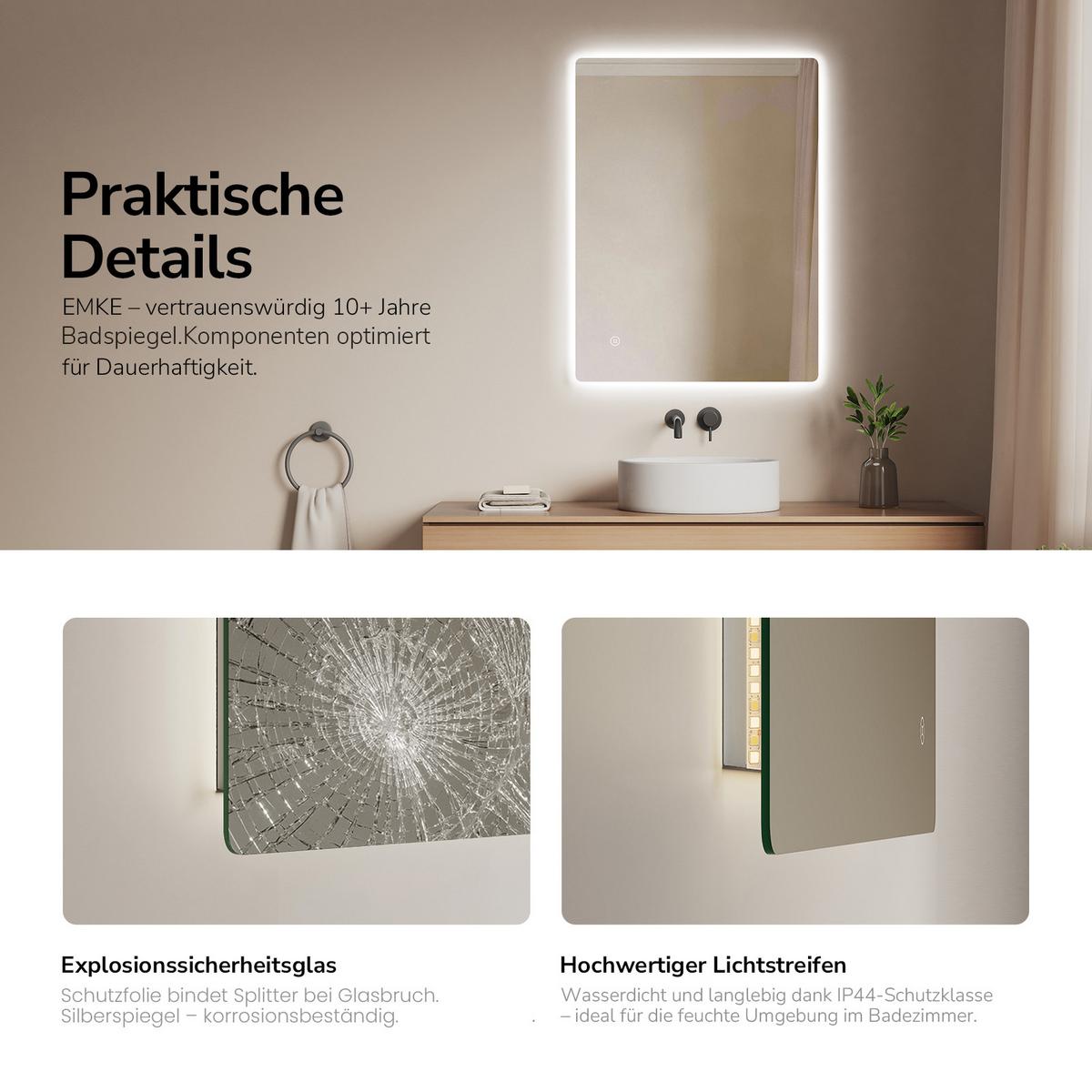 BADSPIEGEL LED abgerundet 3 Farbtemperaturen Touch-Schalter 80/60 cm - Transparent, Glas (80/60/3cm) - EMKE