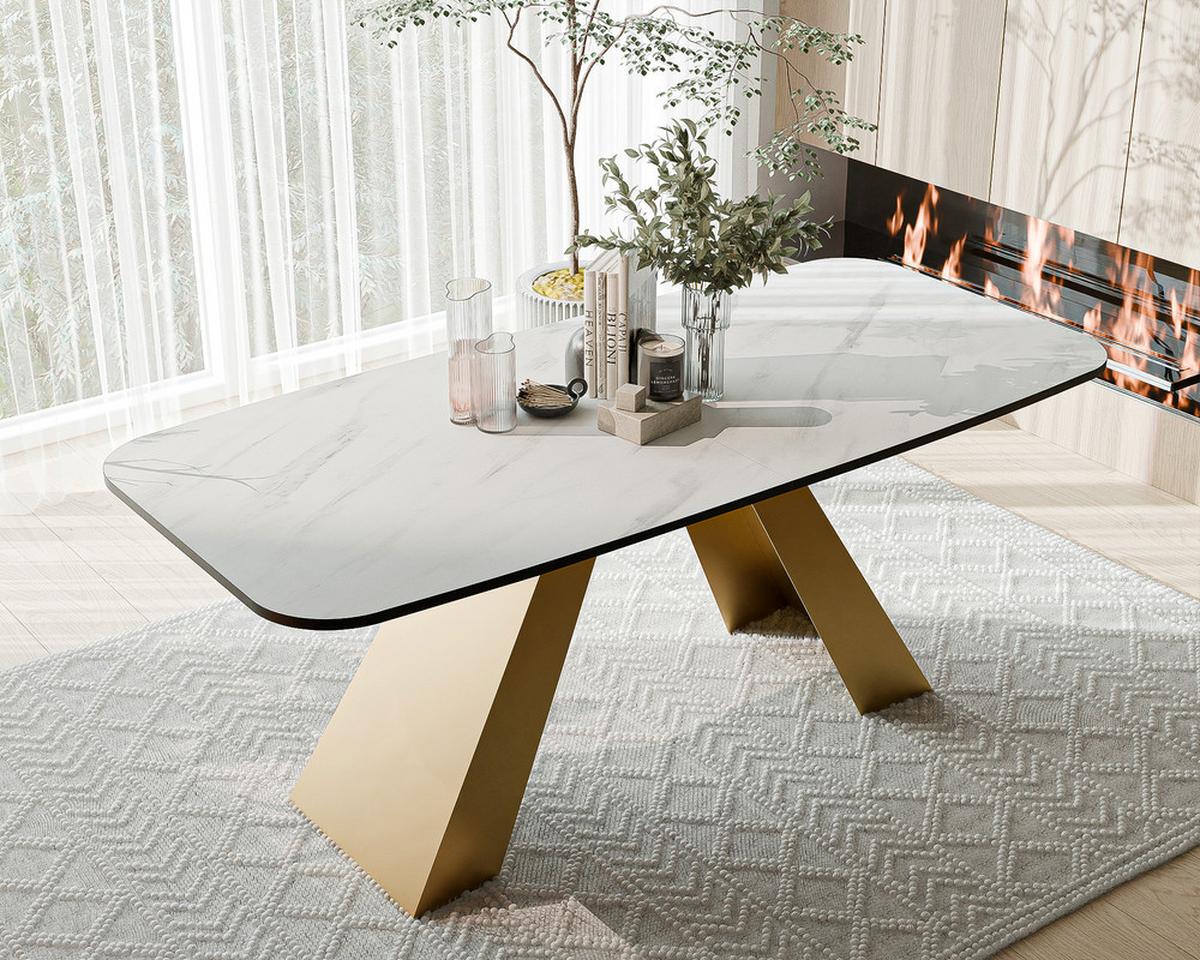 AUSZIEHTISCH ZENITH 160/90/76 cm mit Metallgestell, Gold / Bianco - Perlmutt/Goldfarben, Holzwerkstoff/Metall (90/160/76cm) - Idohome