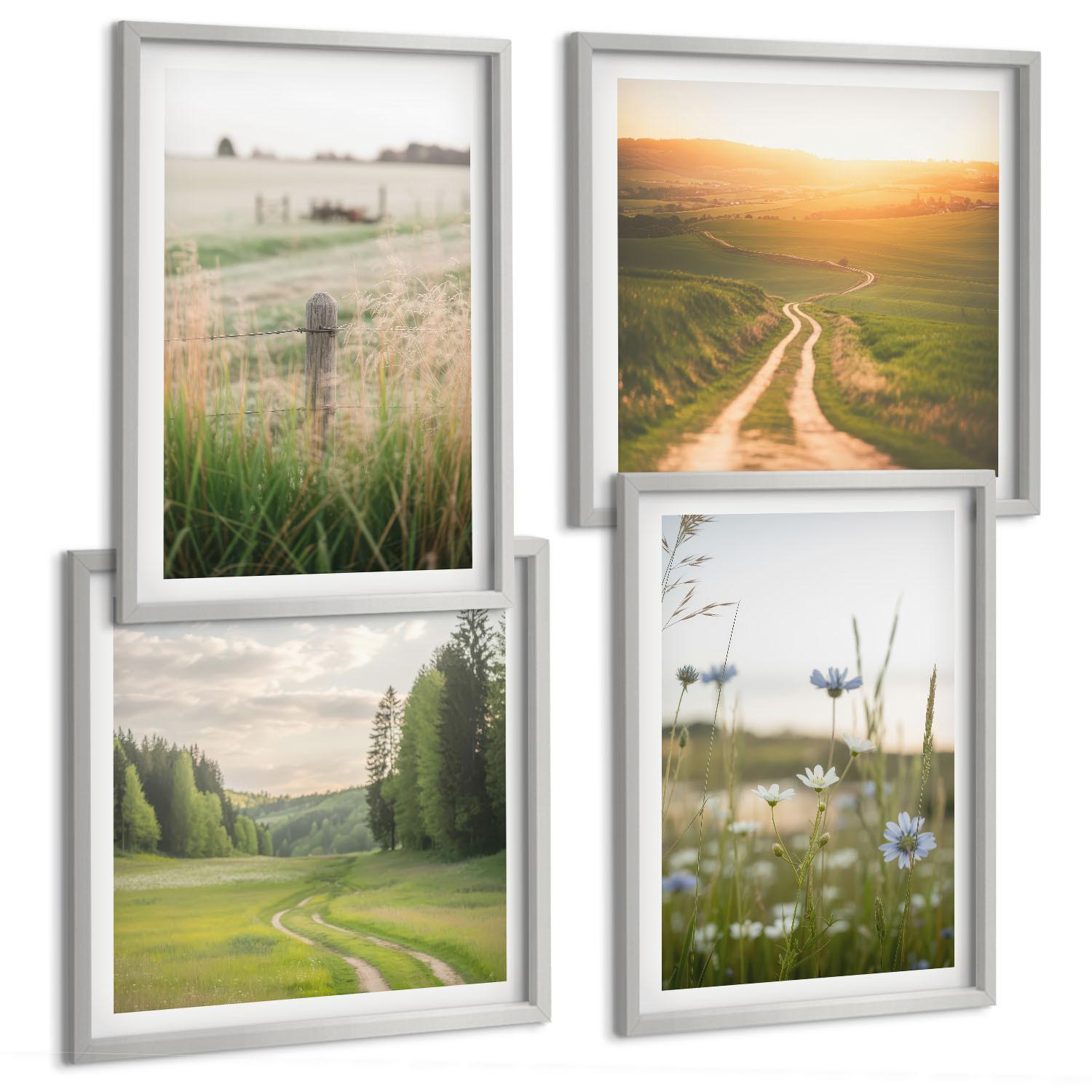 BILDER SET 4er Set - 50x50 cm & 40x60 cm Silberner Rahmen - Landschaften Natur Felder Sonne - Silberfarben, Kunststoff (50/50cm) - TULUP