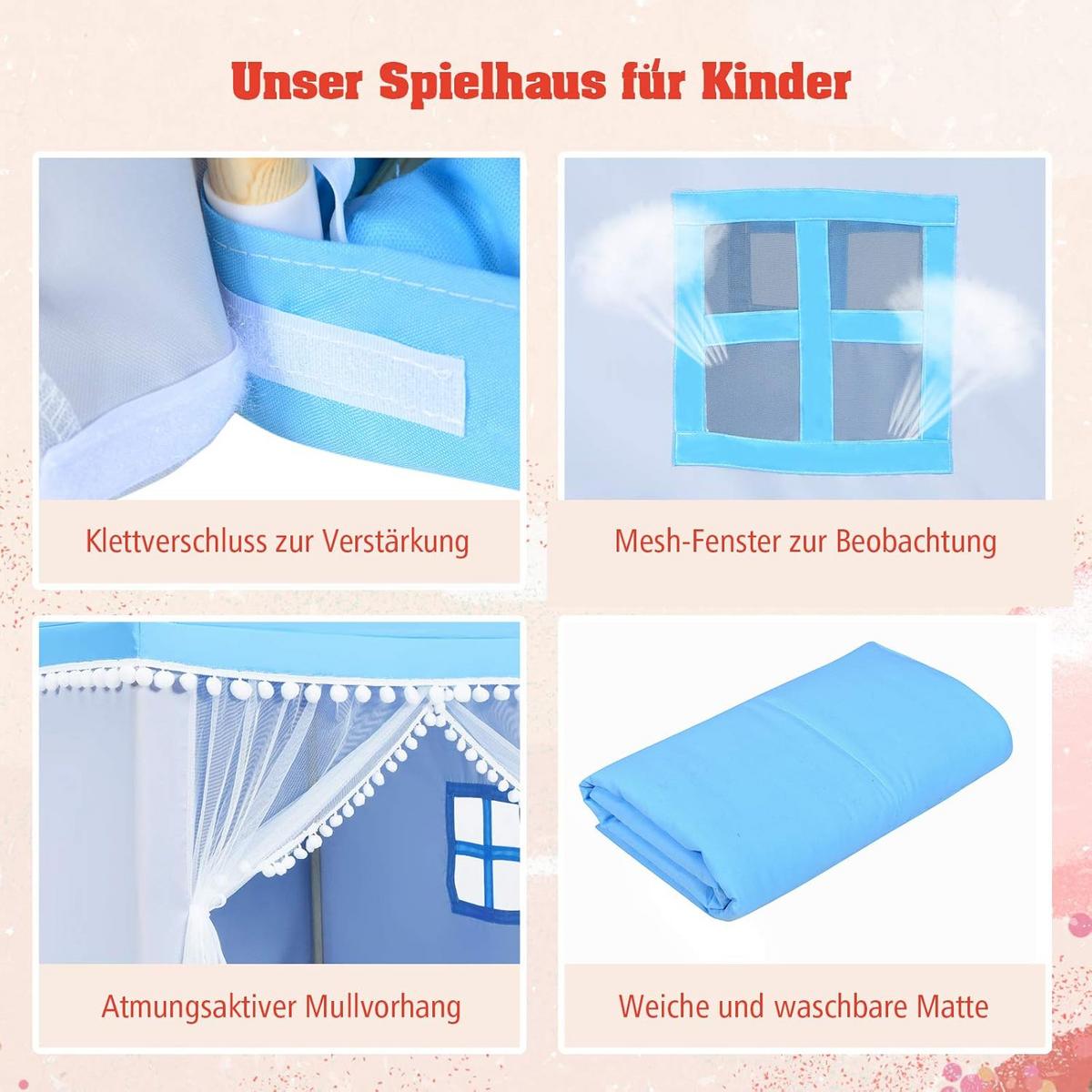 KINDERZELT 140cm Blau - Blau, Textil (120/105cm) - COSTWAY